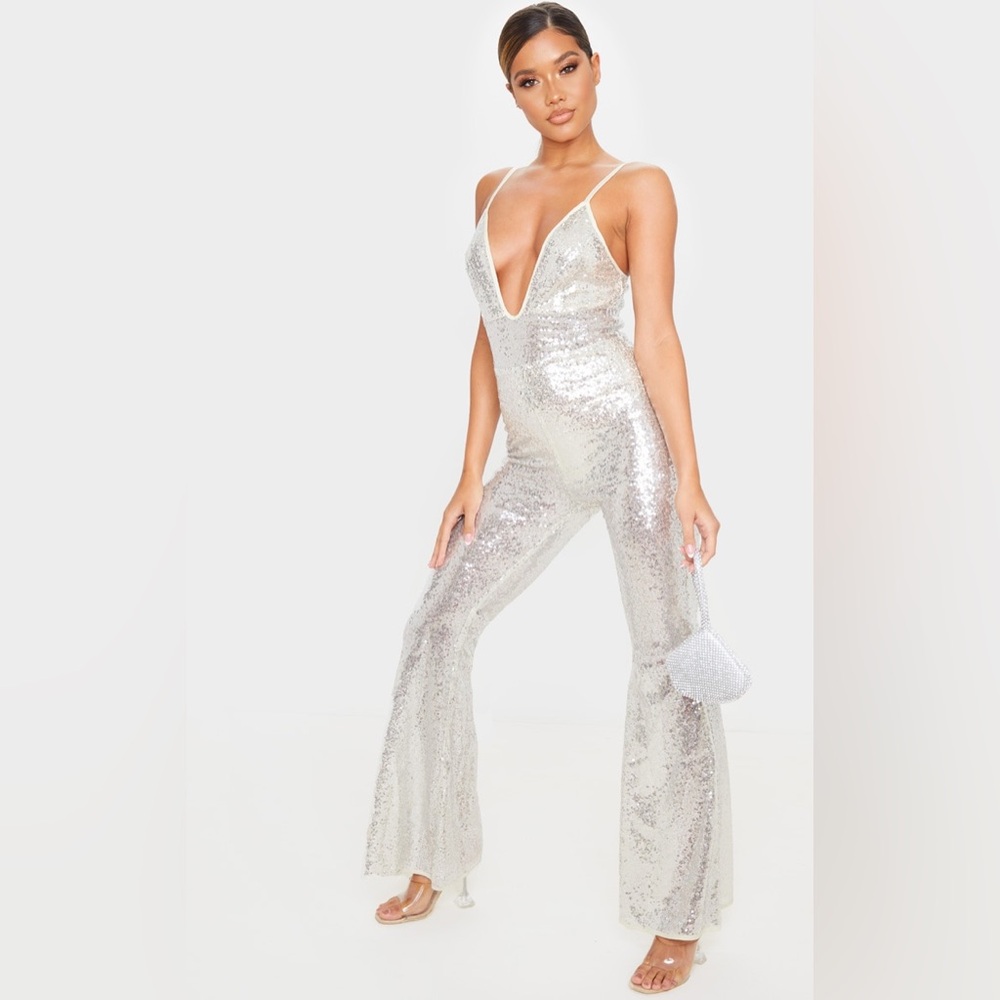 PRETTYLITTLETHING - Silver Sequin Strappy Plunge Flared Leg Jumpsuit | Sz